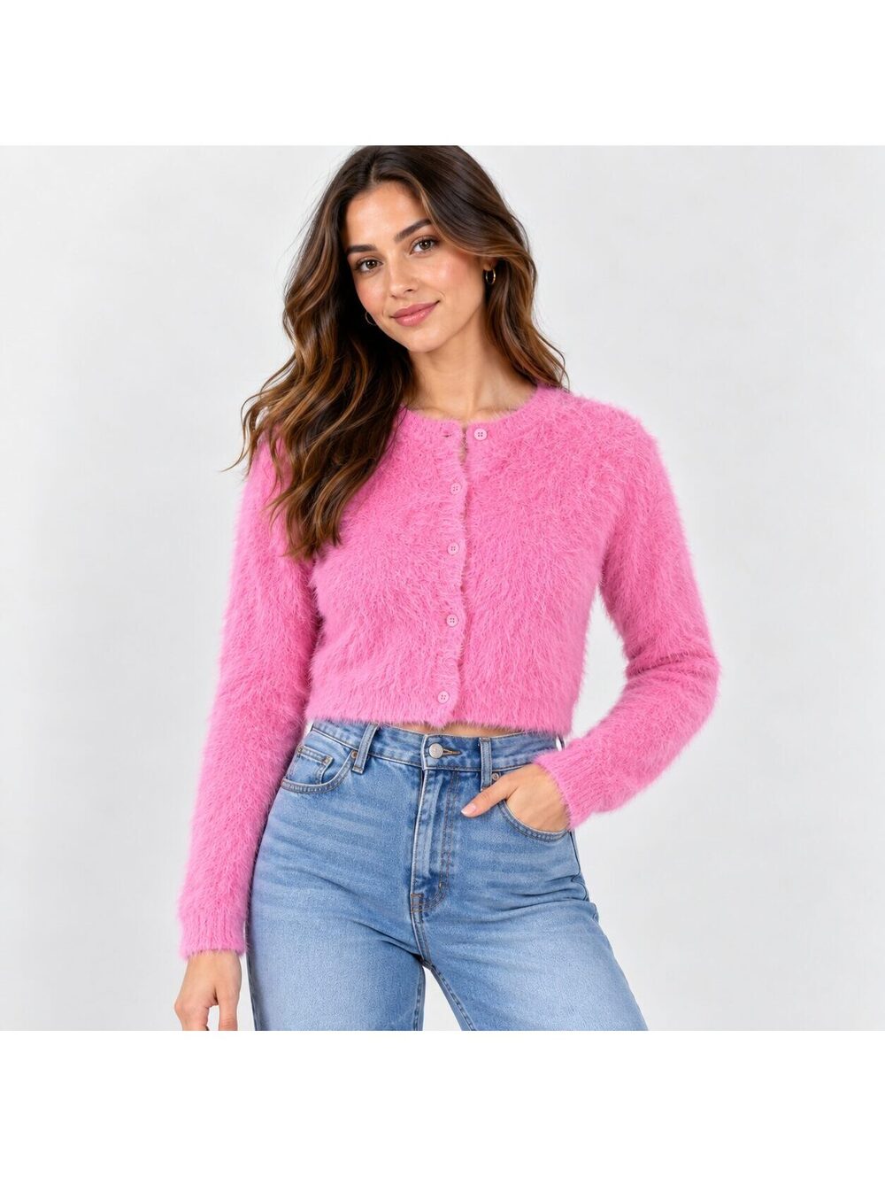 Princess Polly Pink Fuzzy Cropped Button Front Cardigan Sweater S/M